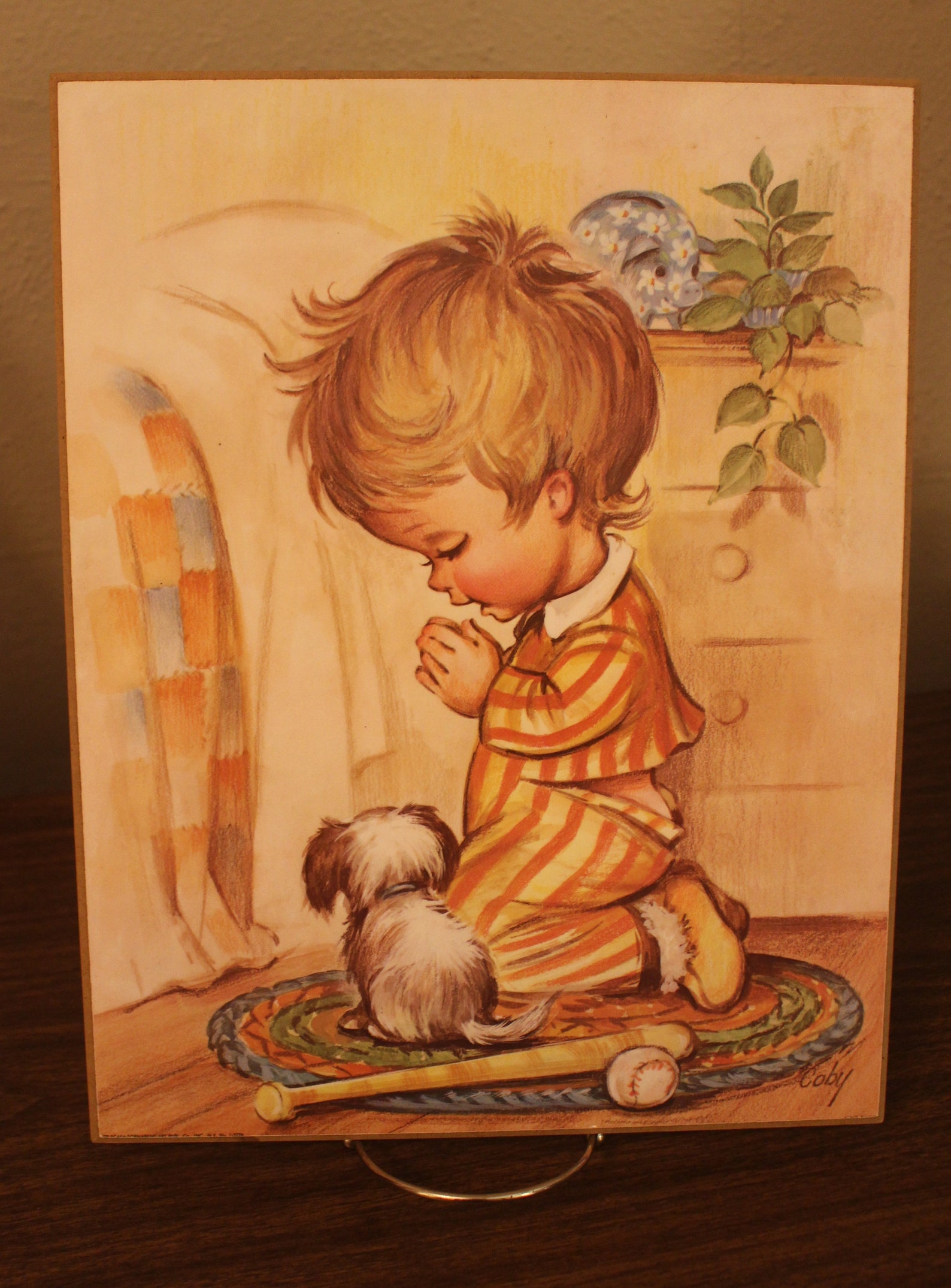 Vintage Praying Boy Wall Hanging Print By Coby 1970s Nursery Etsy