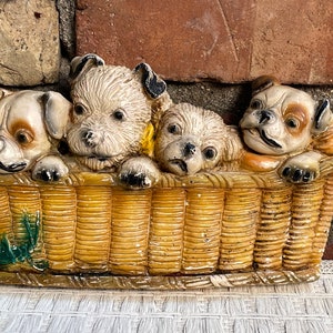 Vintage 1950s Chalkware Puppies in Basket Wall Plaque; Kitschy Front Stoop Welcome Decor; Vintage Terrier Puppies
