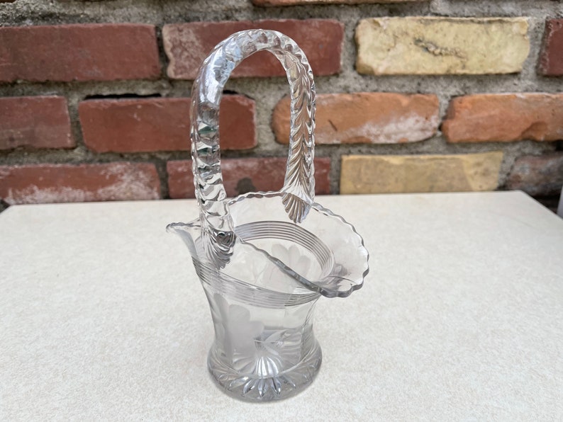 Vintage Cut Glass Basket With Braided Handle Frosted Etsy
