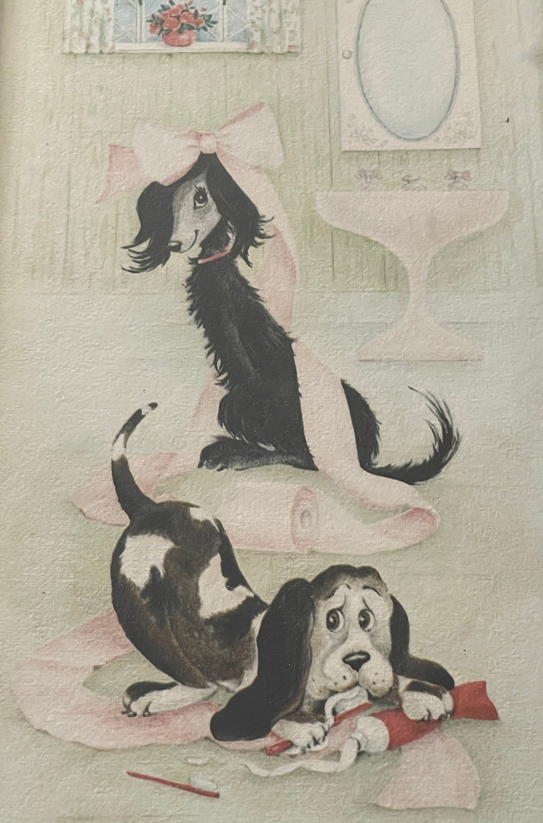 Vintage Framed DOG Picture by Margery D'arcy Pups in the Powder Room