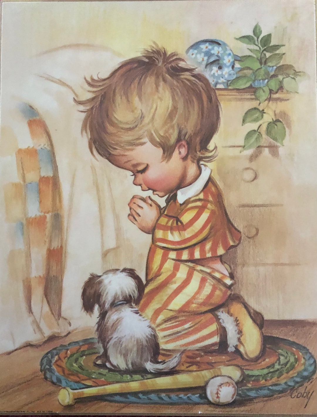 Praying Child Wall Hanging Print by Coby, 1970s Nursery Decor, Retro ...