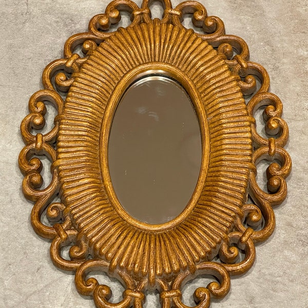 Vintage Retro accent Mirror; Scroll pattern frame; 1970s Mirror Art; Small Wall Mirror Decor; Mirror Wall Grouping, MCM Mirror, gallery hall