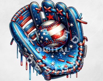 May include: A blue and red baseball glove with stars and stripes, holding a baseball with a red, white, and blue design.