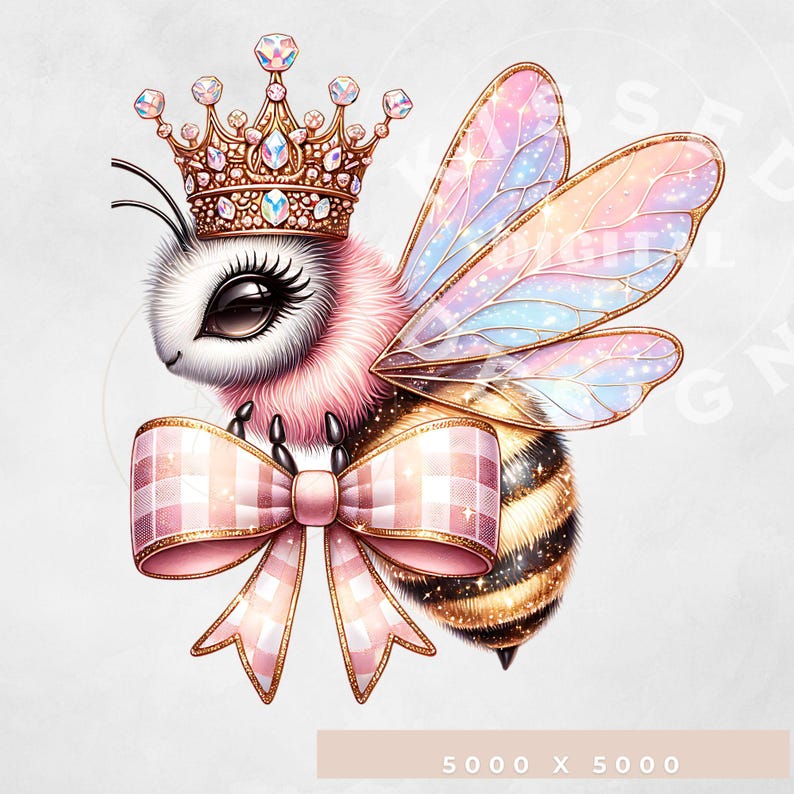 May include: A pink and gold bee with sparkling wings and a crown, wearing a pink and white gingham bow.