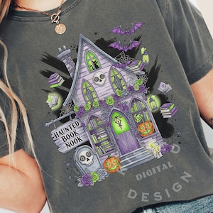 Haunted Fall Bookstore PNG, bookish halloween, bookish png, Trendy Cute Halloween Spooky Ghosts Cozy Bookish Library Stickers and Shirts