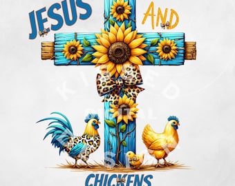 Jesus och kycklingar PNG, digital design för kycklingälskare, Jesusälskare PNG, sublimering av landsbygdsflicka som älskar kycklingar, kristen landsbygdsflicka