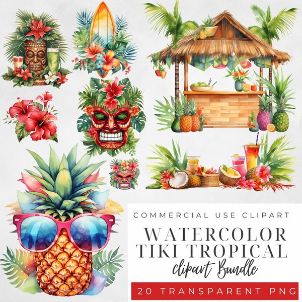 Tropical, tiki, Hawaiian clipart bundle, watercolor Hawaii clipart, tropical flowers, tiki mask clipart, tiki bar clipart, summer clipart