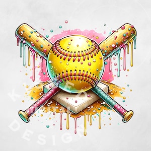 May include: A yellow softball with red stitching is crossed by two wooden baseball bats. The bats are dripping with colorful paint and the background is a pink and white watercolor wash.