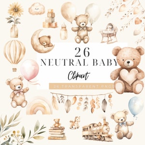Clipart aquarelle neutre d’ours en peluche, clipart neutre de bébé, douche de bébé, clipart boho, bébé garçon, petite fille, png mignon d’ours en peluche, paquet