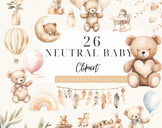 Clipart Gender Neutral Baby Shower | Cute Teddy Bear | Instant Download ...