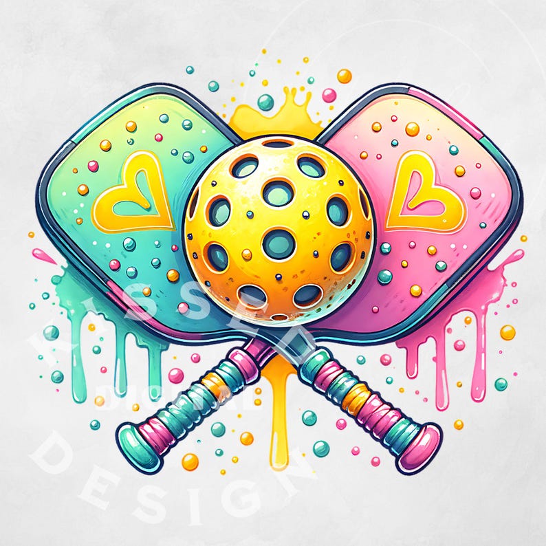 May include: Two colorful pickleball paddles with a yellow pickleball in the center. The paddles are crossed and have a dripping paint effect with yellow, pink, and blue paint.