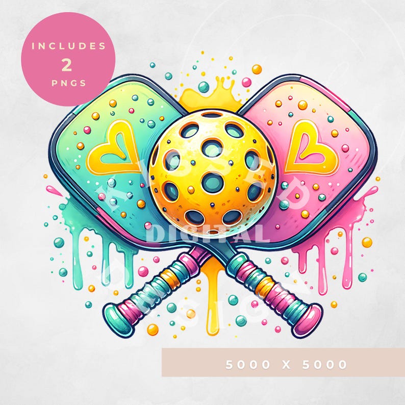 May include: Two colorful pickleball paddles crossed over each other with a yellow pickleball in the center. The paddles have a heart design and are surrounded by colorful paint splatters.
