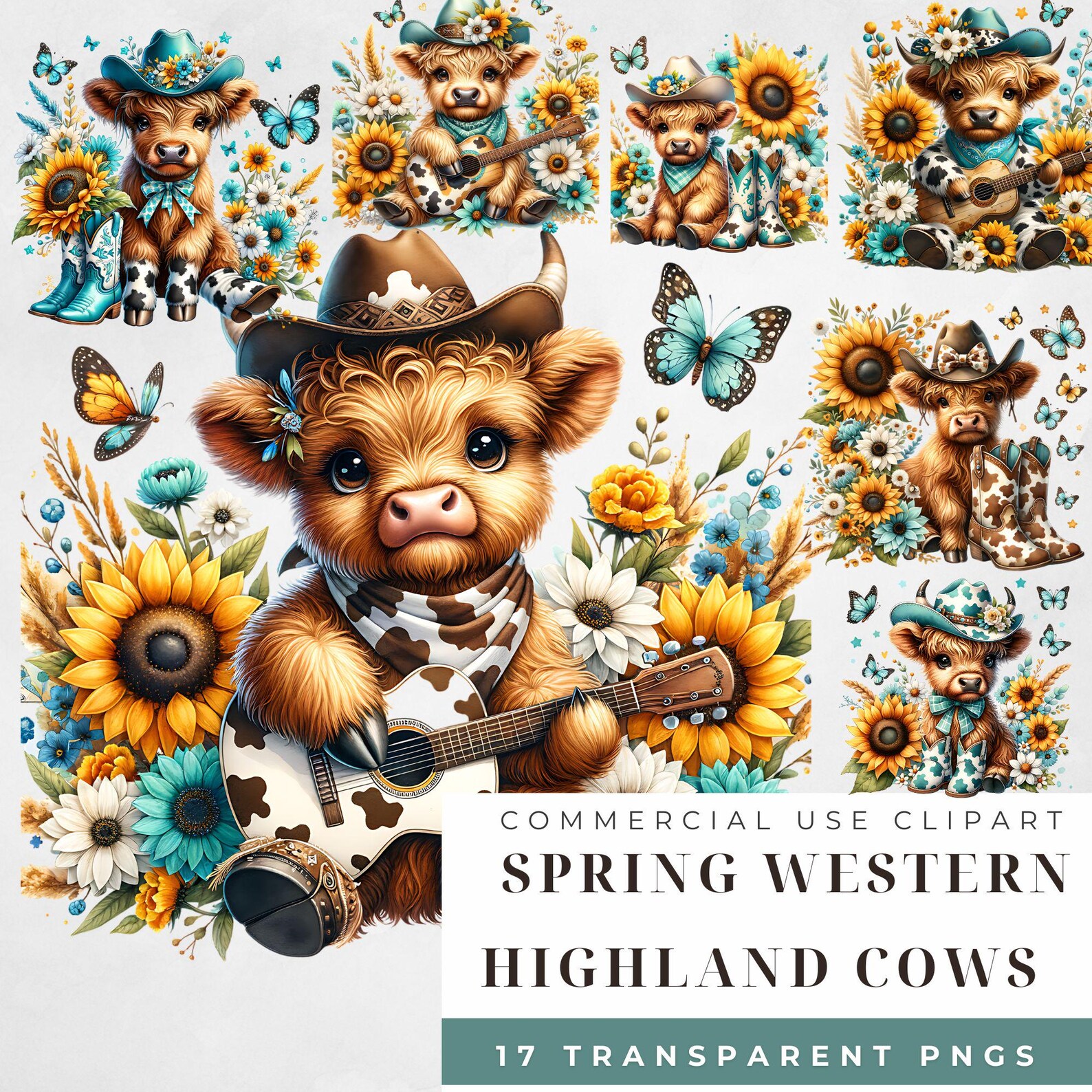 Watercolor Spring Highland Cow Clipart Set, Western Highland Cows ...