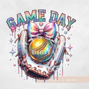 May include: A white baseball glove with a gold softball and a pink iridescent bow with a heart on it. The words "GAME DAY" are written in rainbow letters above the glove.