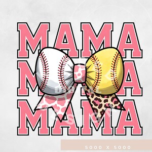 May include: Pink and white "MAMA" text with a softball bow in the centre. The bow is made of pink and white cow print fabric, yellow and white softball fabric, and pink and brown leopard print fabric.