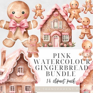 Clipart di casetta di pan di zenzero di Natale acquerello rosa, clipart di omino di pan di zenzero acquerello, png di pan di zenzero, download digitale, trasparente,