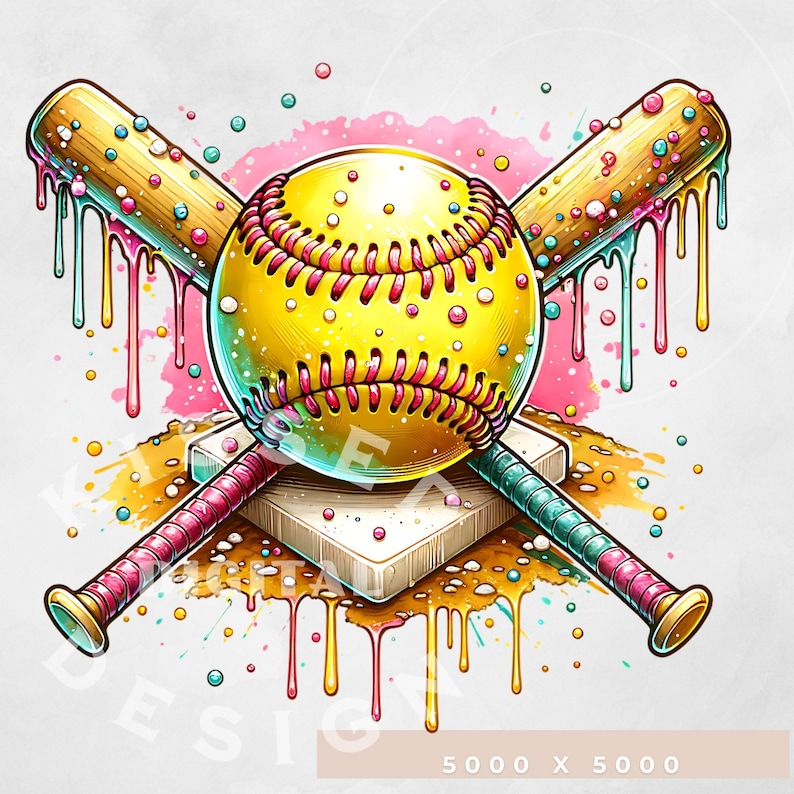 May include: A yellow softball with pink and white stitching is crossed by two wooden baseball bats with colorful drips of paint. The bats are also decorated with colorful sprinkles. The softball and bats are sitting on a white home plate with a brown background.