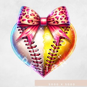 May include: A heart-shaped softball with a pink and leopard print bow. The softball is half white and half yellow with red stitching.