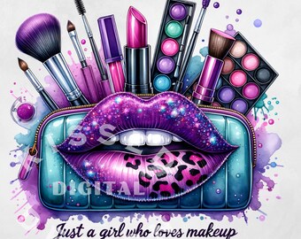 May include: A teal blue makeup bag with a purple and pink glitter lips design. The bag is filled with makeup brushes, lipsticks, and eyeshadow palettes. The text "Just a girl who loves makeup" is written below the bag.