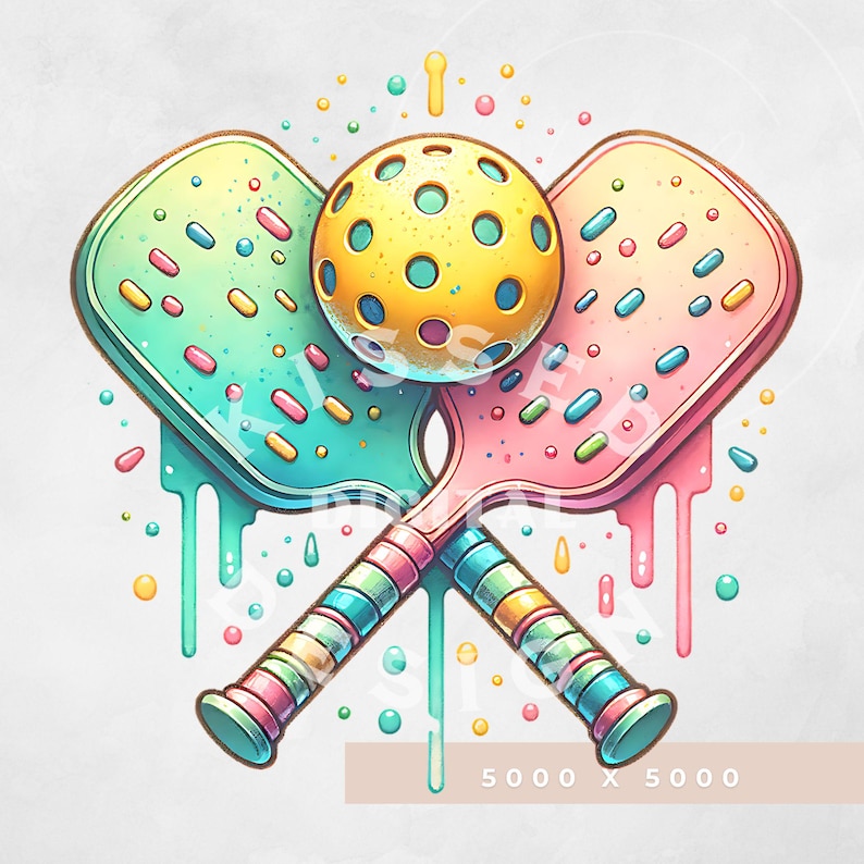 May include: Two colorful pickleball paddles with a yellow pickleball in the center. The paddles are dripping with colorful paint and have a rainbow design on the handles.
