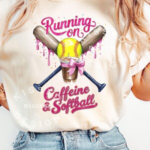 Running on Caffeine and Softball Png, Game Day Shirt Design, Coffee Lover Png, Softball Coquette Png, Softball Team design, softball drip