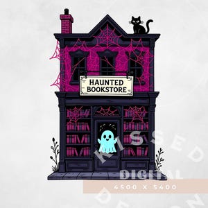 Haunted Fall Bookstore PNG, pink Halloween png,Trendy Cute Halloween Spooky Ghosts Cozy Bookish Library Sublimation  for Stickers and Shirts