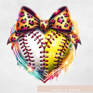 May include: A heart-shaped design featuring two softball balls, one white and one yellow, with red stitching. A large leopard print bow with pink accents is tied around the balls.
