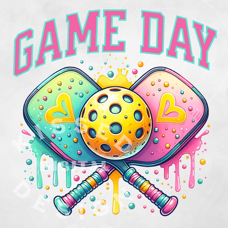 May include: A colorful illustration of two crossed pickleball paddles with a yellow pickleball in the center. The paddles are decorated with hearts and colorful dots. The text "GAME DAY" is written in pink letters above the paddles.
