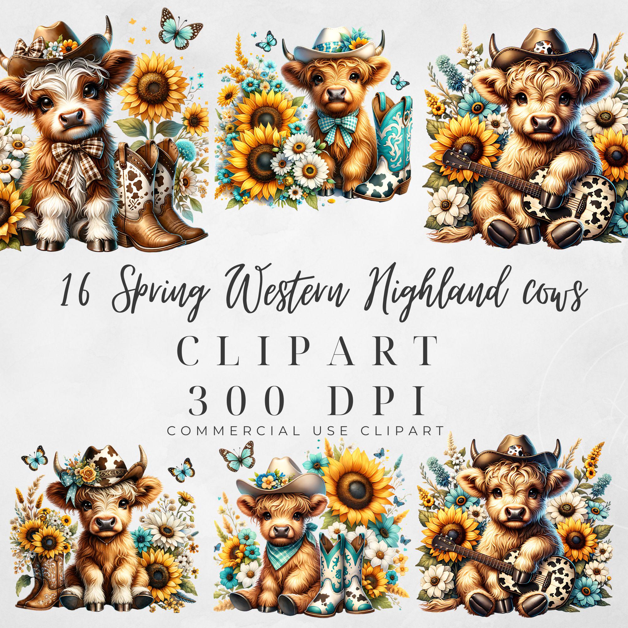Watercolor Spring Highland Cow Clipart Set, Western Highland Cows ...