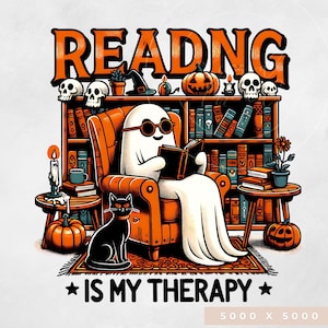 Haunted Fall Bookstore PNG,  Trendy Cute Halloween Spooky Ghosts Cozy Bookish Library Sublimation Design for Stickers and Shirts