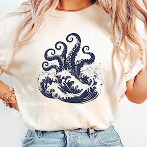 Estética de pescador png, clipart náutico, estética costera, pulpo png, arte náutico, inspirado en el océano, camiseta estética de pescador