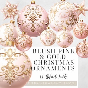 Blozen roze en gouden kerst ornamenten digitale clipart, bal ornament png, kerstballen bundel, transparante achtergrond, roze kerst clipart