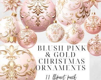 Blush pink and gold Christmas ornaments digital clipart, ball ornament png , baubles bundle, transparent background, pink Christmas clipart