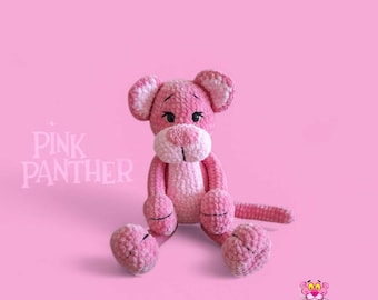 Crochet Long Pink Cat Amigurumi Doll, Handmade Panther Style Stuffed Toy, Ready to Ship Cartoon Animal Gift