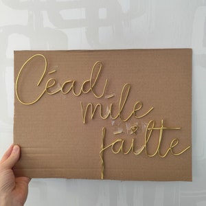 May include: A gold wire sculpture of the phrase "C'est la vie" on a brown cardboard background.