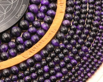 90 perles OEIL de TIGRE Mauve de 4mm | 60 de 6mm | 46 de 8mm | 36 de 10mm | Lot de perles ronde et lisse percé pour création de bijoux