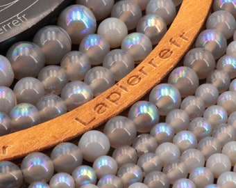 60 perles Agate grise à reflet bleu 6mm, 45 de 8mm, 35 de 10mm, Lot de perles rondes pour la création de bijoux