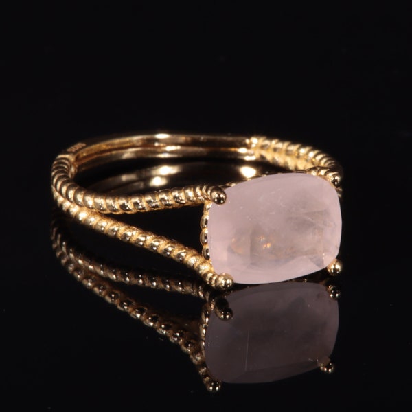 Bague quartz rose plaqué Or 18 carats | Bague pierre rose ajustable | Bague femme en pierre semi précieuse | Bijou pierre naturelle facettée