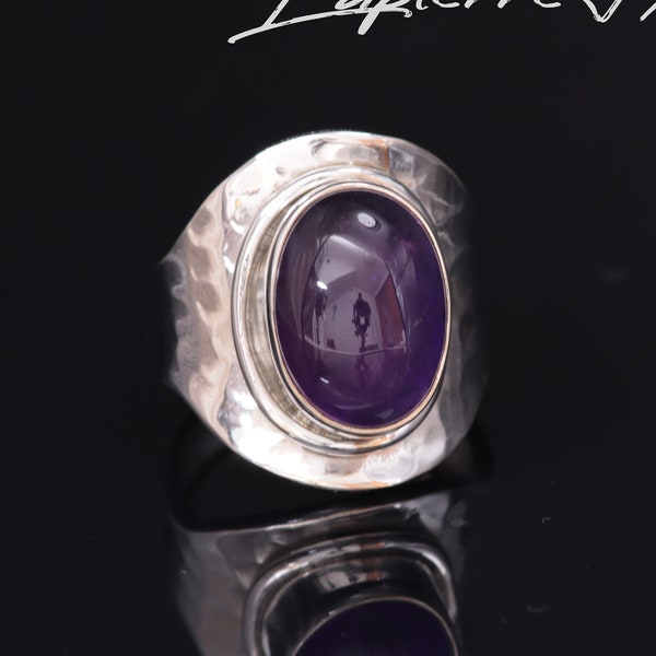 Bague Améthyste en argent 925 rhodié martelée | Bague réglable-ajustable en pierre d'améthyste naturelle semi précieuse sertie