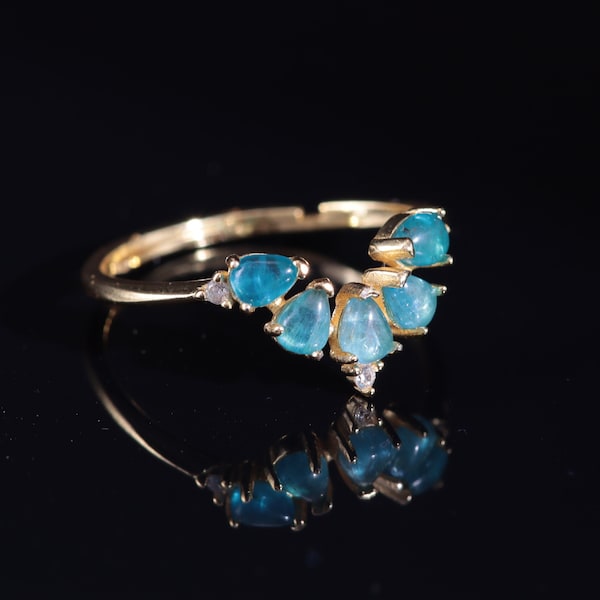 Bague apatite plaqué Or 18 carats | Bague pierre bleue ajustable | Bague femme en pierre semi précieuse | Bijou pierre naturelle