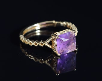 Bague améthyste plaqué Or 18 carats | Bague pierre violette ajustable | Bague femme en pierre semi précieuse|Bijou pierre naturelle facettée