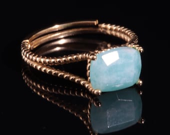 Bague amazonite plaqué Or 18 carats | Bague pierre bleue ajustable | Bague femme en pierre semi précieuse | Bijou pierre naturelle facettée