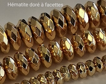 Lot de 100 perles rondelles d'hématite facettée doré de 4 mm | 100 perles de 6 mm | 50 perles de 8 mm | Perle espacement facettée doré