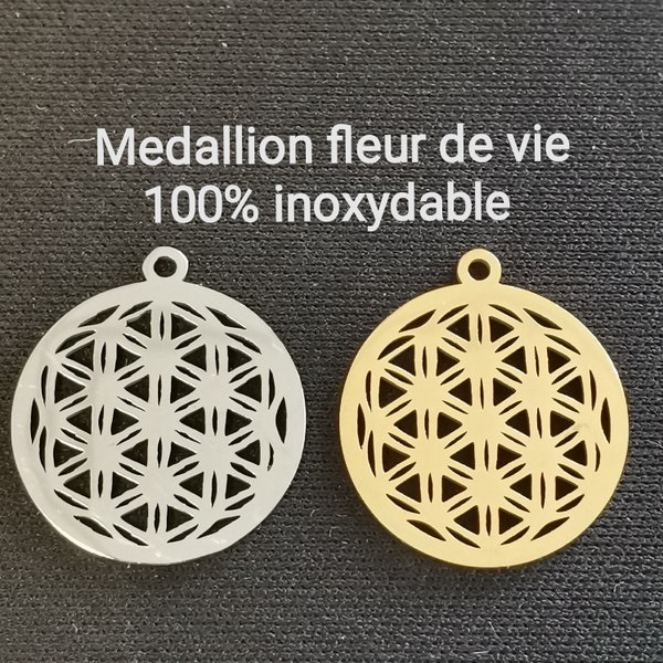 Lot de 2 Médaillons Fleur de vie 100% inoxydable couleur argent ou or, breloque Fleur de vie inoxydable pour bracelet