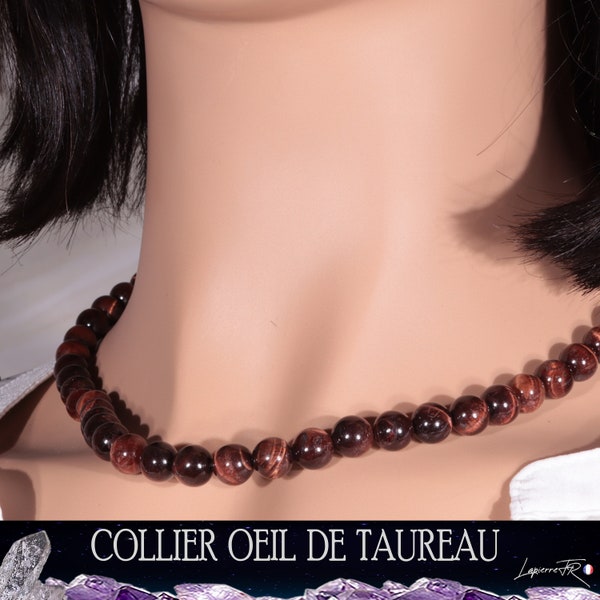 Oeil de Taureau | Collier perles pierres naturelles rondes 6mm ou 8mm | Collier ras de cou | Bijoux lithothérapie