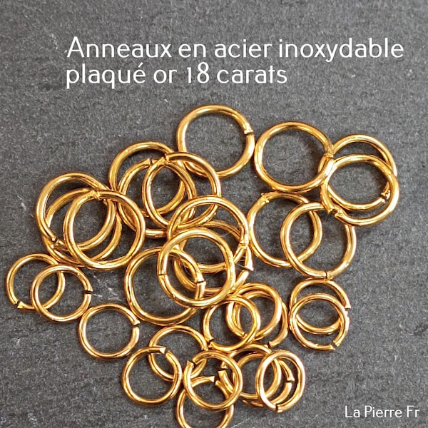 100 Anneaux en acier inoxydable plaqué Or 18 carats diamètre 6 ou 8 mm