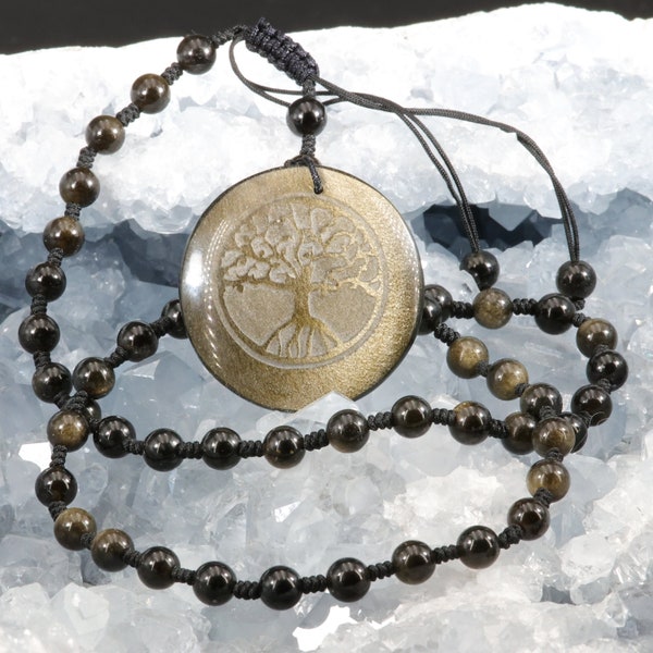 Collier arbre de vie en pierre d'obsidienne dorée du Mexique et perles de pierres naturelles rondes 6mm