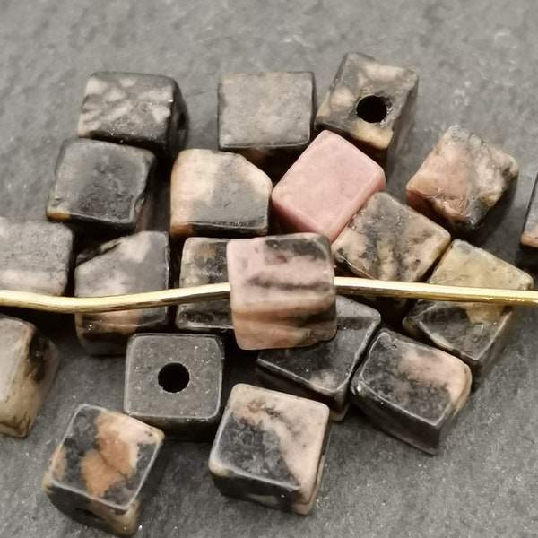 80 Perles cube en Rhodonite naturelle 4mm x 4mm | Perles pierres naturelles de forme carrée  | Gemmes | Qualité AA+