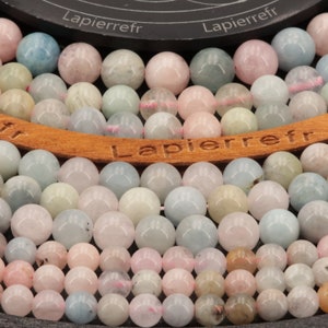 May include: A close-up of a strand of pastel-colored gemstone beads. The beads are round and smooth, and they are strung together on a clear thread. The beads are a mix of light blue, pink, and green.