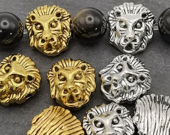 Lot de 10 Perles de Tète de lion couleur argent ou or / Perle intercalaire tète de lion couleur argent ou or pour la fabrication de bracelet